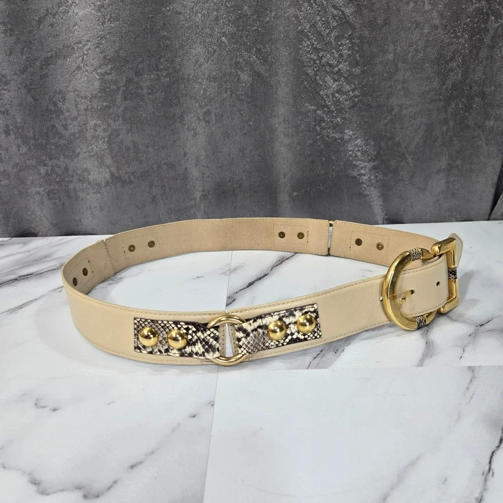 Vtg Avignon Leather Belt M Cream Snakeskin Print Gold Studs Western Cowboy Boho